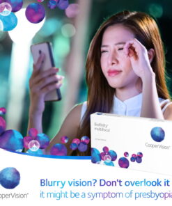 A woman holding a phone with blurry vision, sign to get Biofinity Multifocal Presbyopia Lenses
