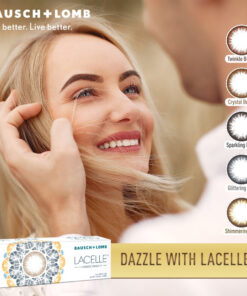 Woman touching face with a box of Bausch + Lomb Lacelle Jewel coloured monthly contact lenses